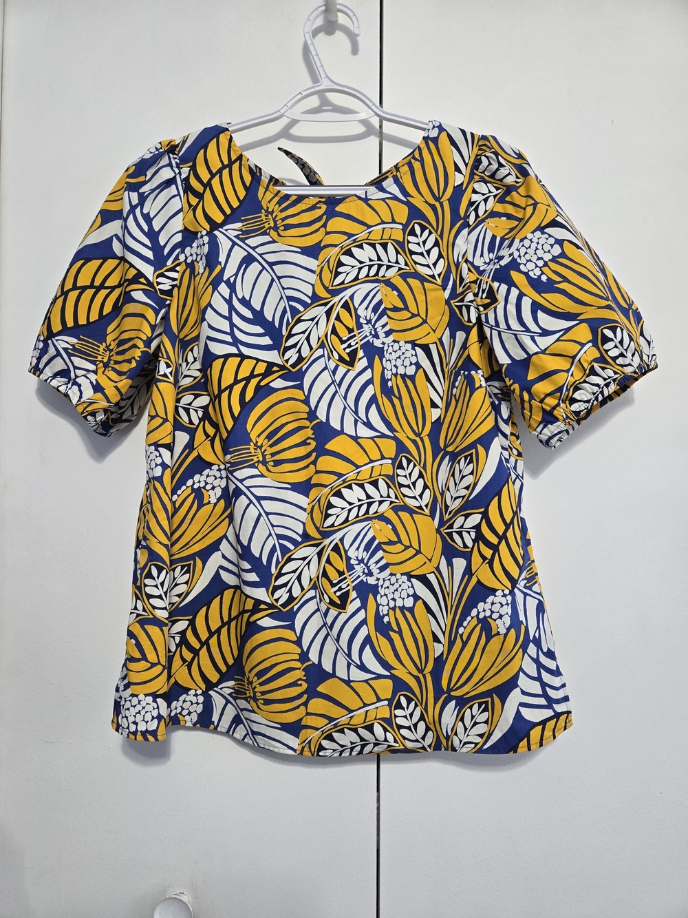 Talbots Women's Medium Blue Yellow Floral Cotton Puff Sleeve Blouse Top